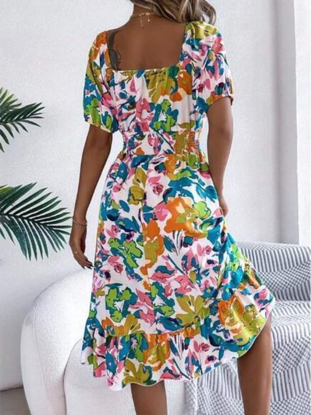 Puff Sleeve Drawstring Floral Mini Dress, /